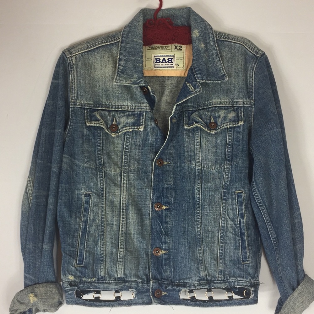 Denim Jacket with Distressed Chain Trim
